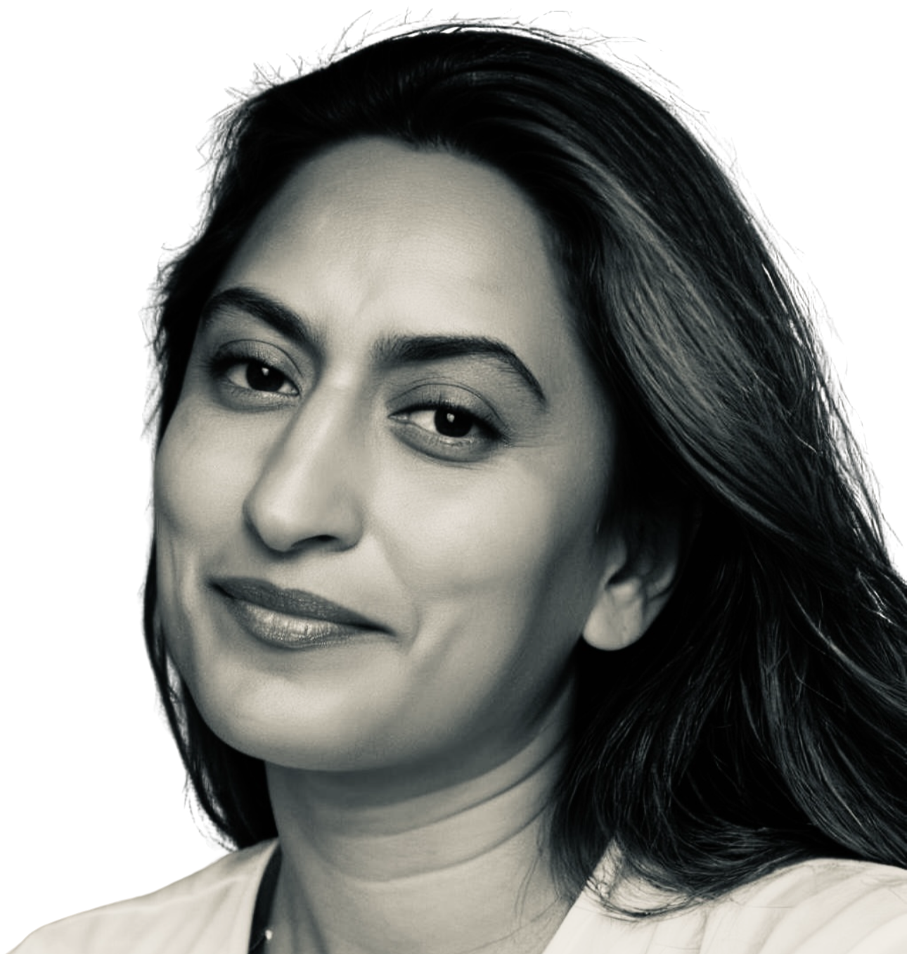 Grayscale portrait of a Kiran Kaur, CPO, with long hair, slightly smiling and looking directly at the camera. The image is circularly cropped against a plain white background