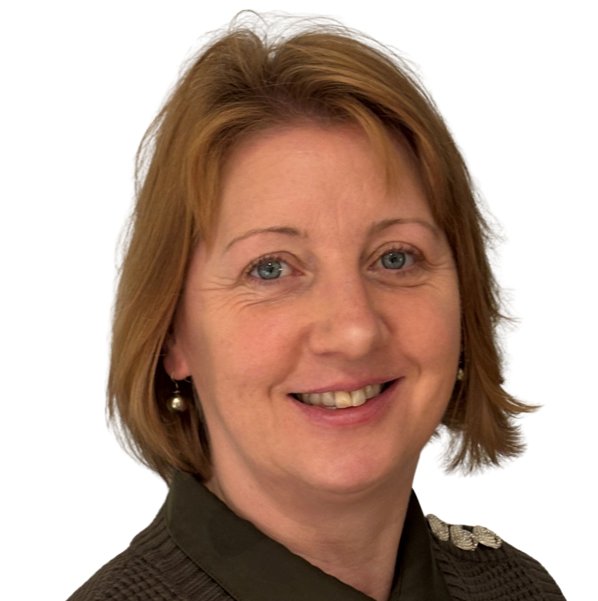Portrait of Heledd Walker, Chief of Governance, with short, light brown hair, wearing a dark top, against a white background within a circular frame.